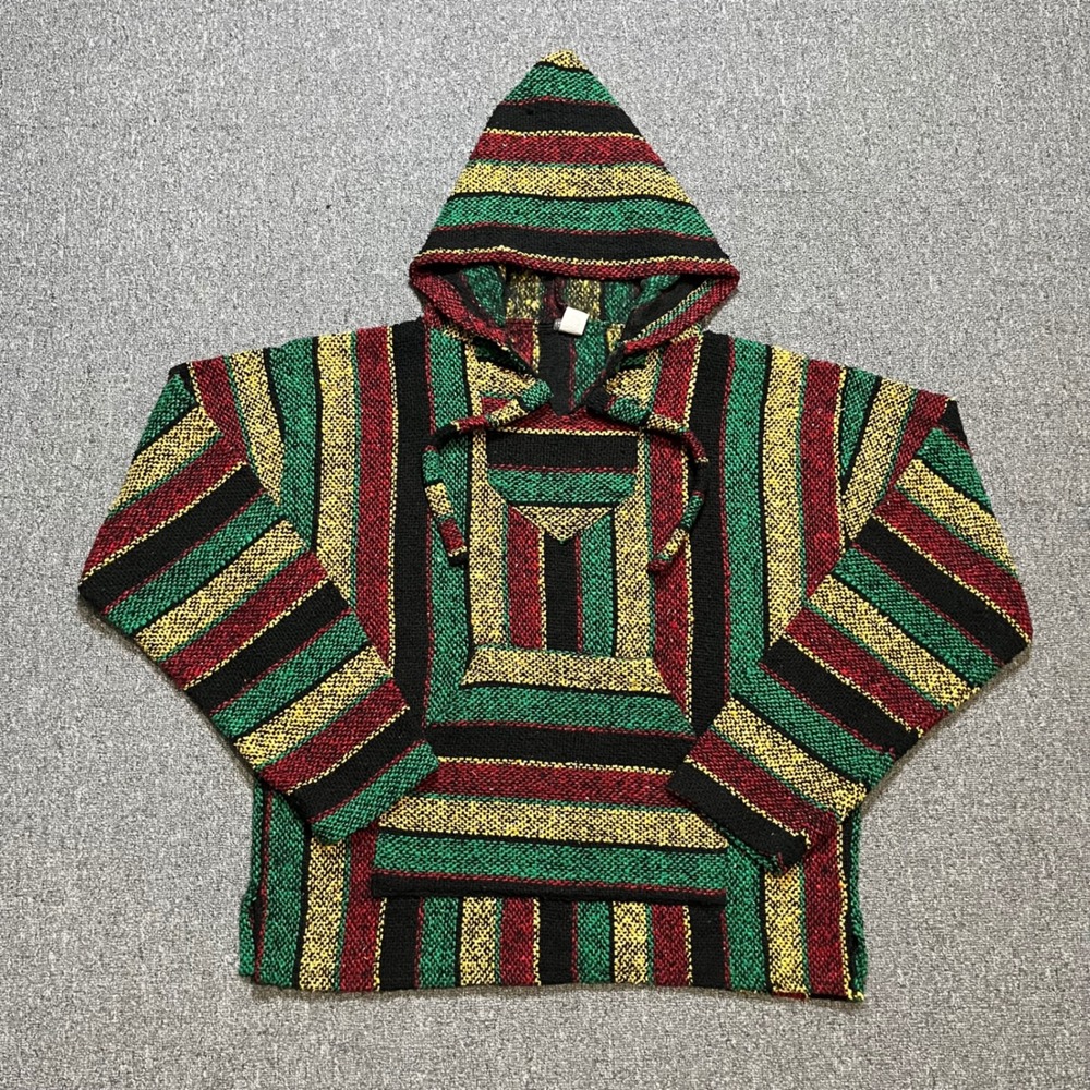 Vintage Earthbound Baja Hoodie L Rasta Green Yellow Red Striped Mexican Poncho